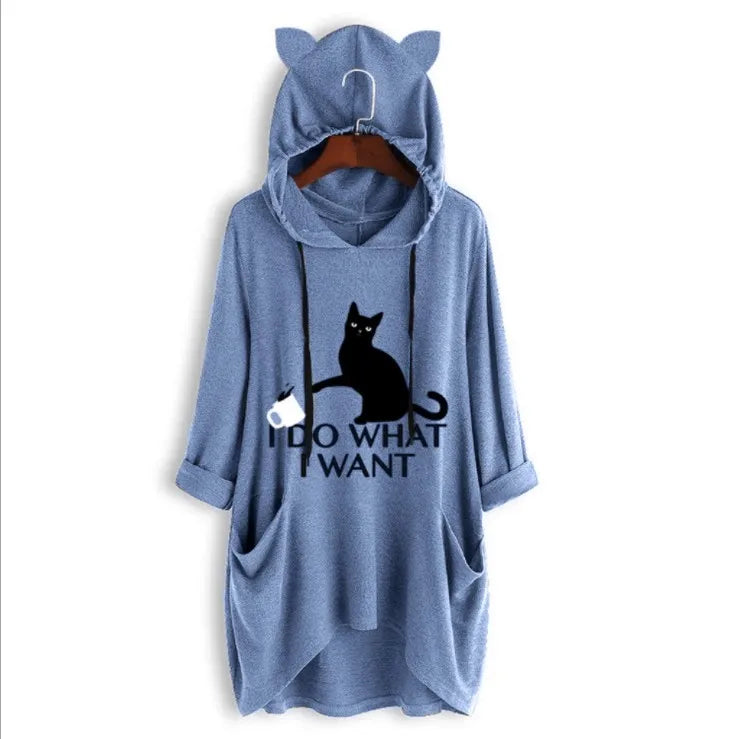 2024 New Loose Large Knitted Hoodie Long Sleeved Hooded Irregular Cat Print Women's Wear