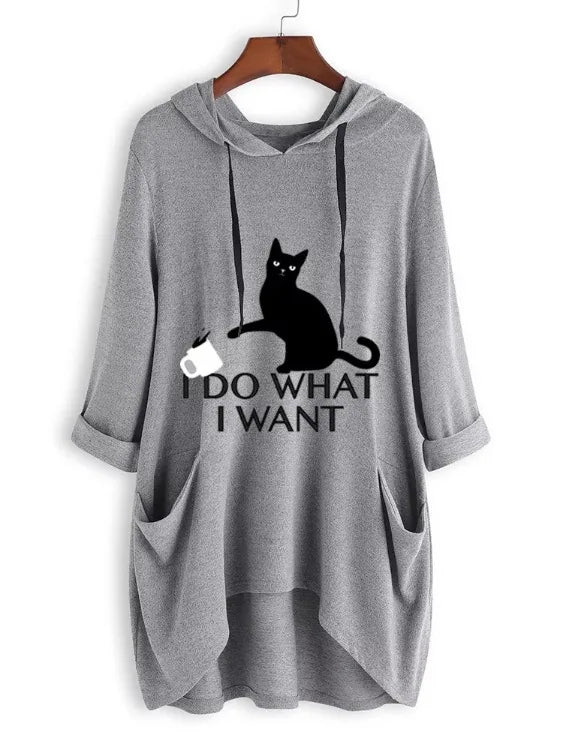 2024 New Loose Large Knitted Hoodie Long Sleeved Hooded Irregular Cat Print Women's Wear