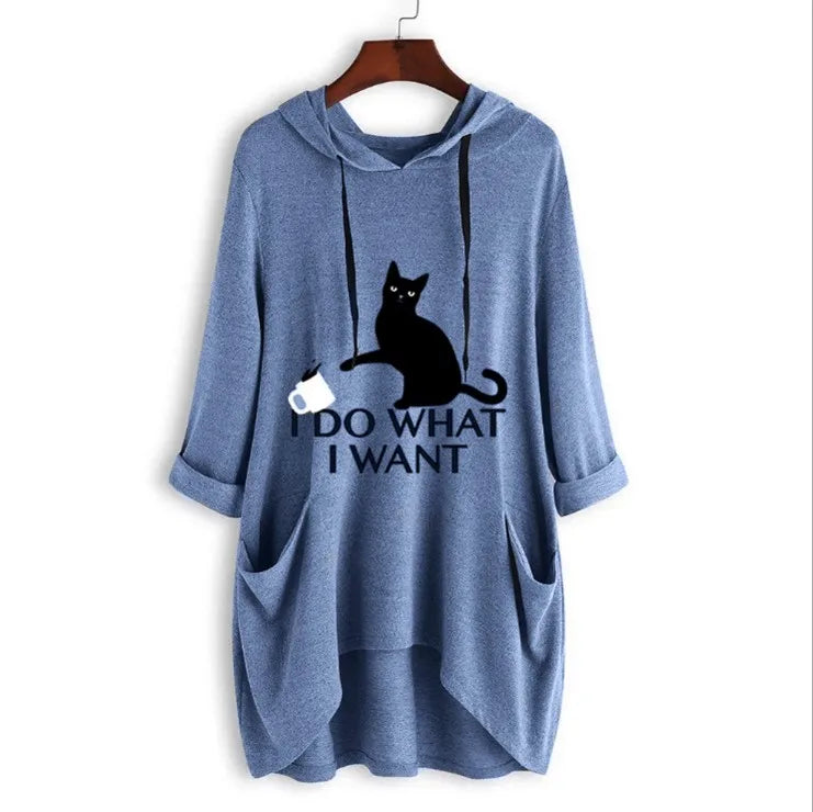 2024 New Loose Large Knitted Hoodie Long Sleeved Hooded Irregular Cat Print Women's Wear