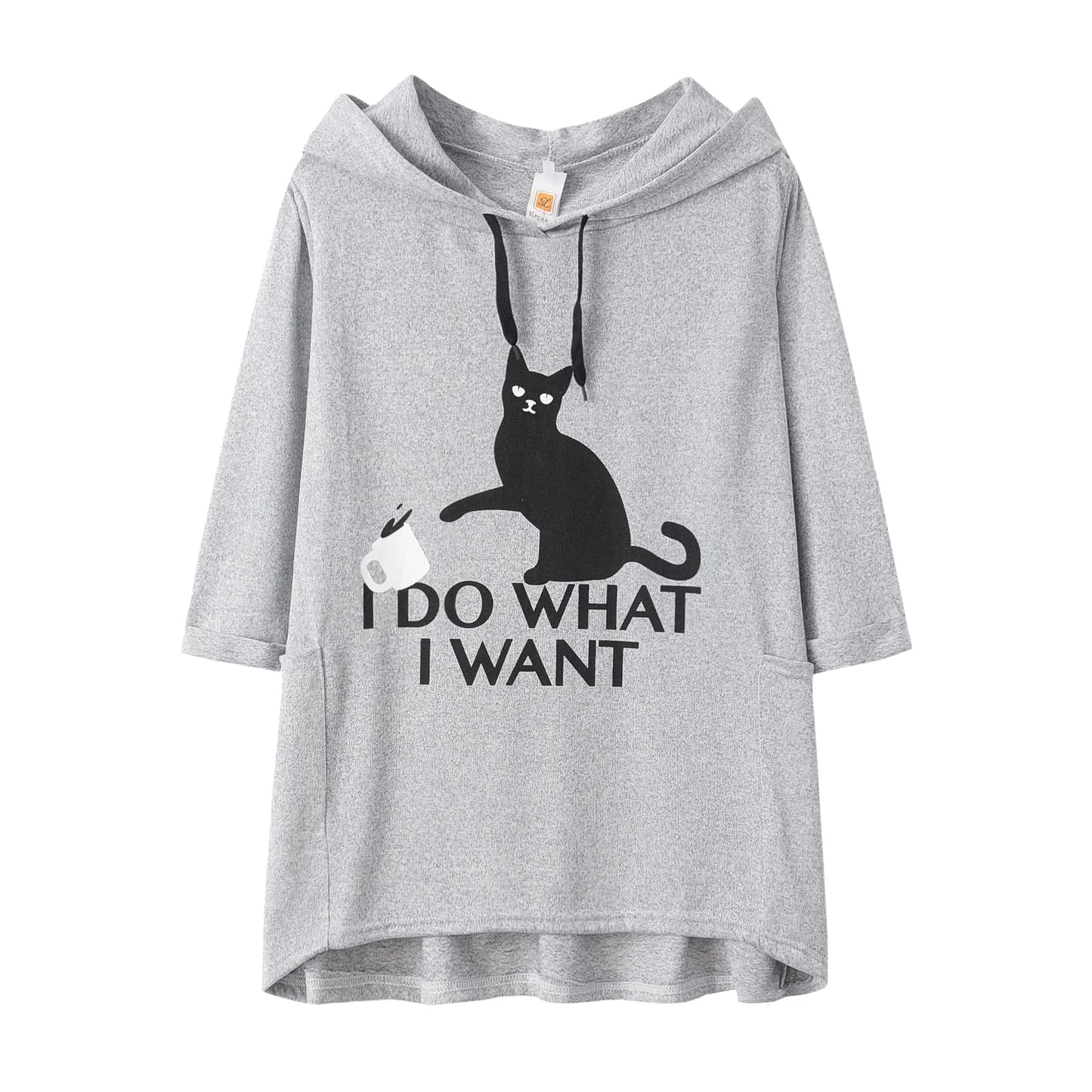 2024 New Loose Large Knitted Hoodie Long Sleeved Hooded Irregular Cat Print Women's Wear