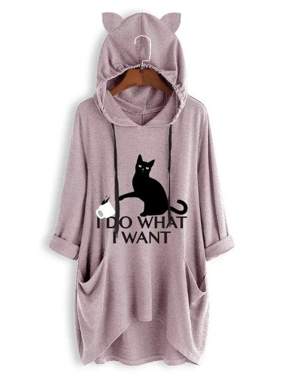 2024 New Loose Large Knitted Hoodie Long Sleeved Hooded Irregular Cat Print Women's Wear