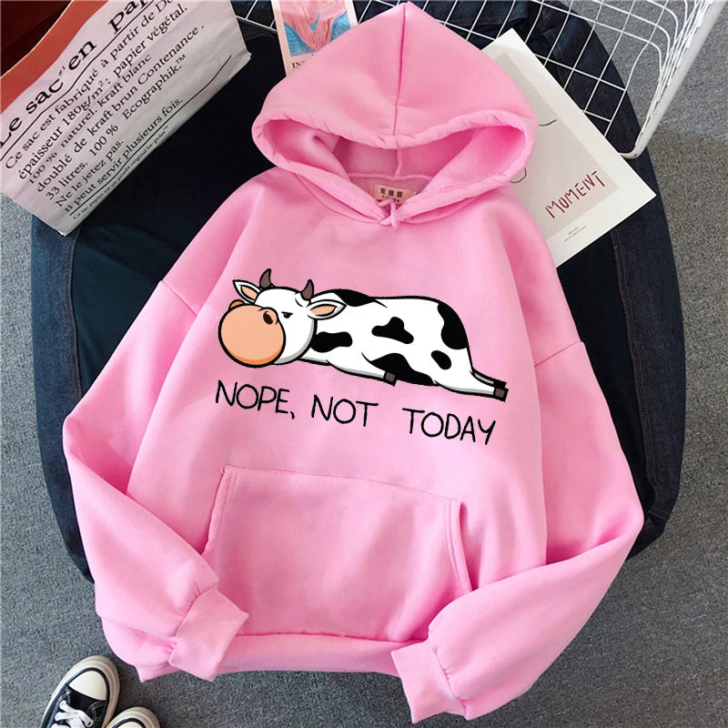 No, Non Oggi Kawaii Donne Felpe 2021 di Autunno della Molla delle Donne Pullover Con Cappuccio Divertente Mucche Stampa Felpe Hip Hop streetwear