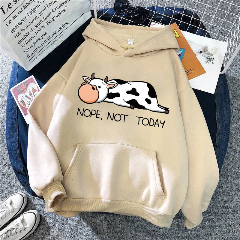 No, Non Oggi Kawaii Donne Felpe 2021 di Autunno della Molla delle Donne Pullover Con Cappuccio Divertente Mucche Stampa Felpe Hip Hop streetwear