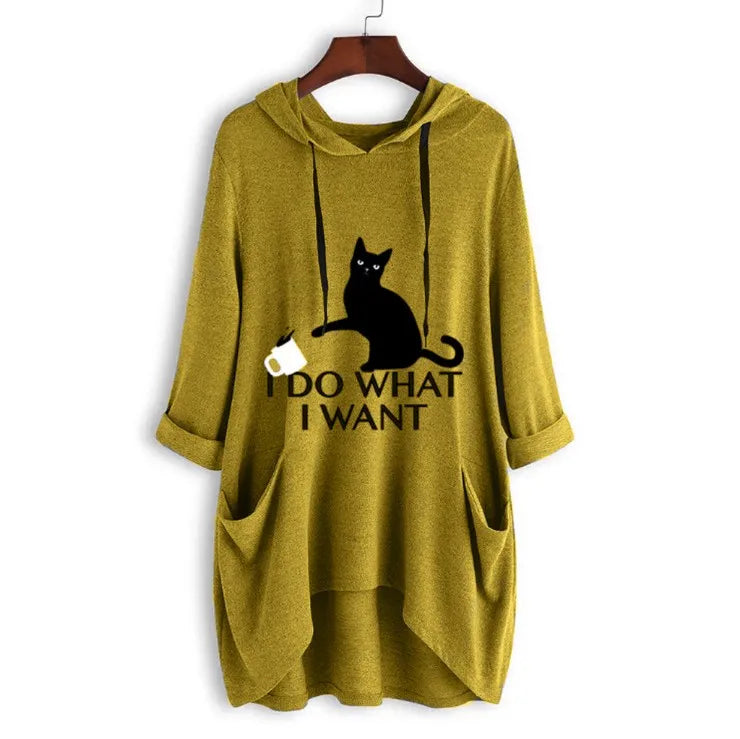 2024 New Loose Large Knitted Hoodie Long Sleeved Hooded Irregular Cat Print Women's Wear