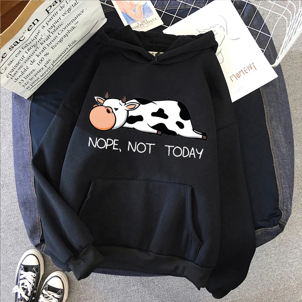 No, Non Oggi Kawaii Donne Felpe 2021 di Autunno della Molla delle Donne Pullover Con Cappuccio Divertente Mucche Stampa Felpe Hip Hop streetwear