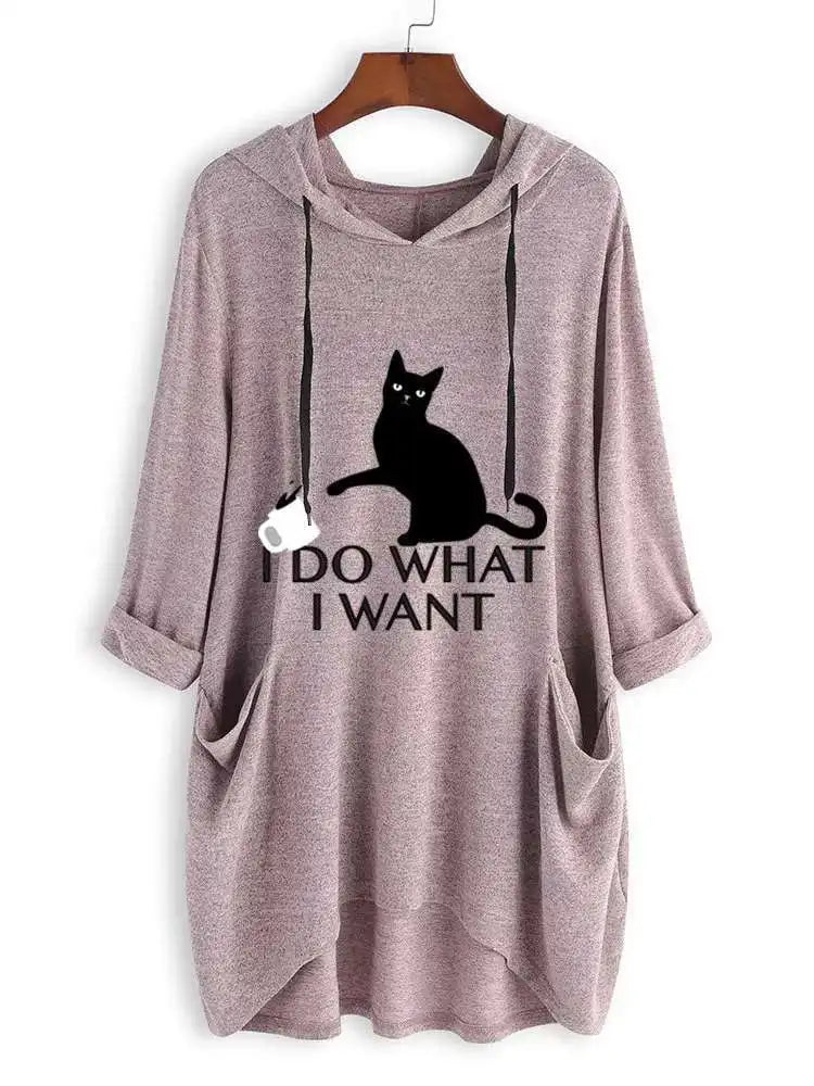 2024 New Loose Large Knitted Hoodie Long Sleeved Hooded Irregular Cat Print Women's Wear