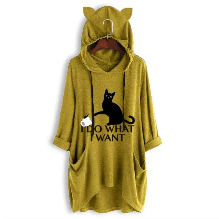 2024 New Loose Large Knitted Hoodie Long Sleeved Hooded Irregular Cat Print Women's Wear