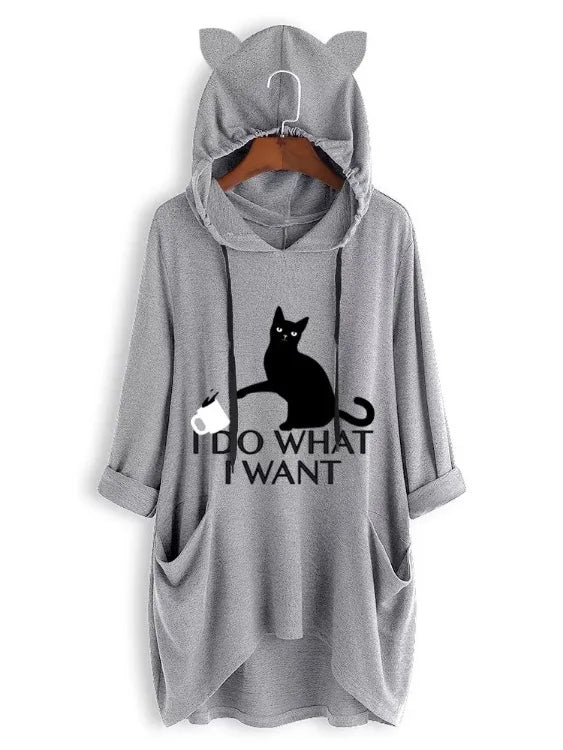 2024 New Loose Large Knitted Hoodie Long Sleeved Hooded Irregular Cat Print Women's Wear