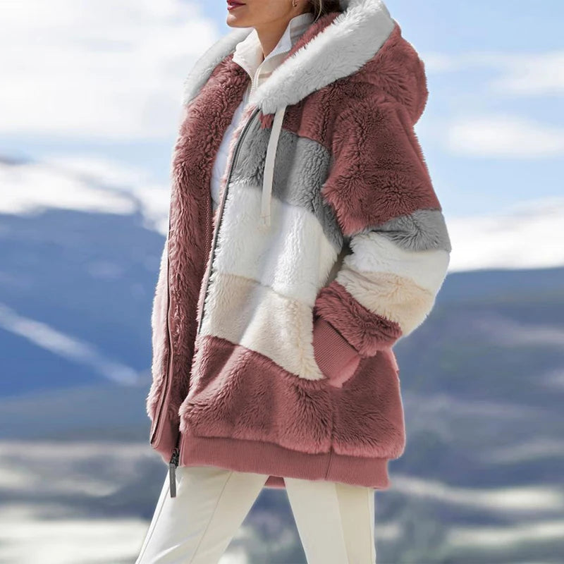 Su misura 2024 Nuovo UZZDSS Inverno Cappotto Delle Donne di Modo Casual Cuciture Plaid Vestiti Con Cerniera Con Cappuccio Cappotto Delle Signore Delle Donne Giacca