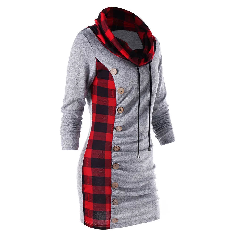 Fashion New Style Plaid Button Decoration Package Hip Hoodie