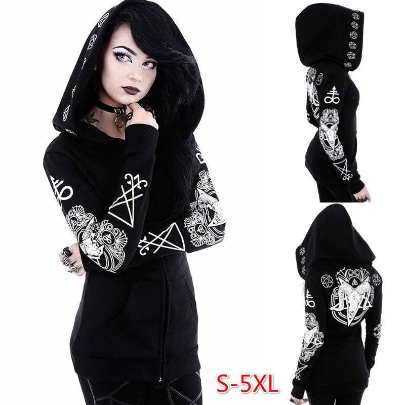 Fashion Trend Women's Winter Irregular Black Punk Hooded Coat Sheep's Head Moon Printed Sweater