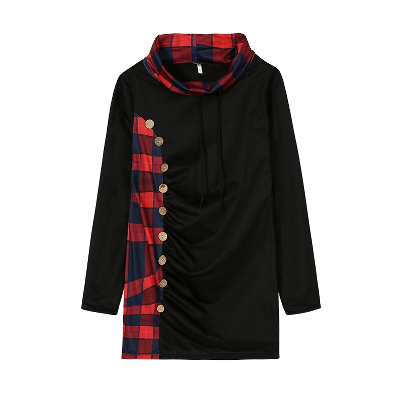 Fashion New Style Plaid Button Decoration Package Hip Hoodie