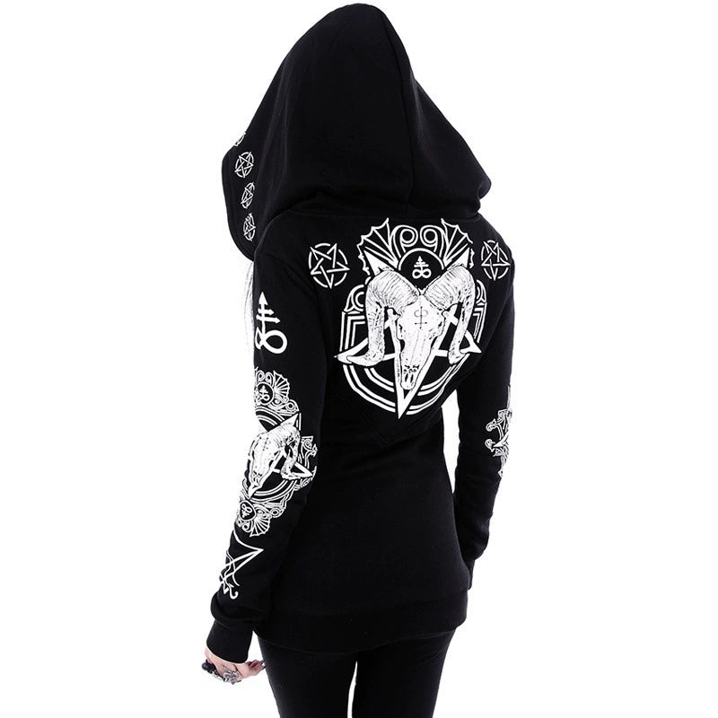 Fashion Trend Women's Winter Irregular Black Punk Hooded Coat Sheep's Head Moon Printed Sweater