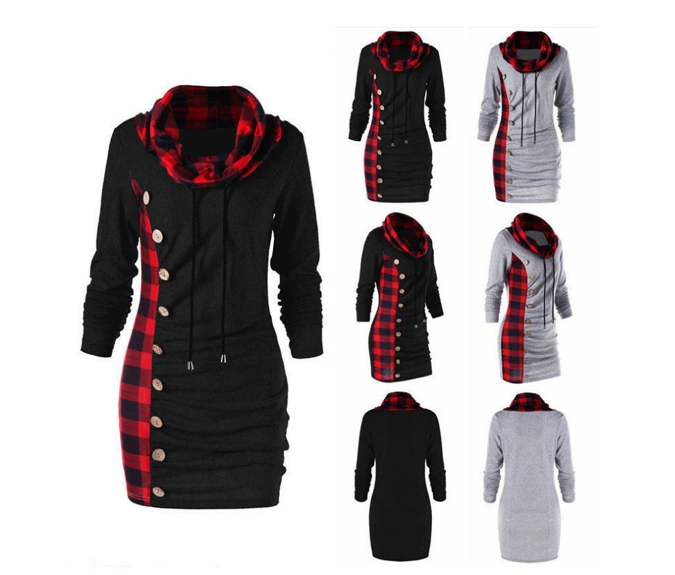 Fashion New Style Plaid Button Decoration Package Hip Hoodie