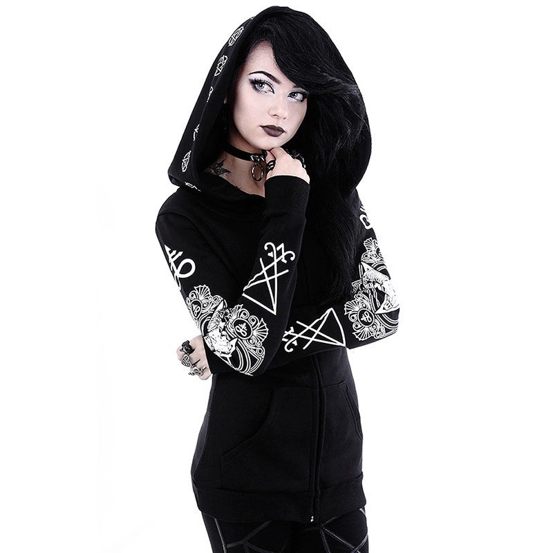 Fashion Trend Women's Winter Irregular Black Punk Hooded Coat Sheep's Head Moon Printed Sweater