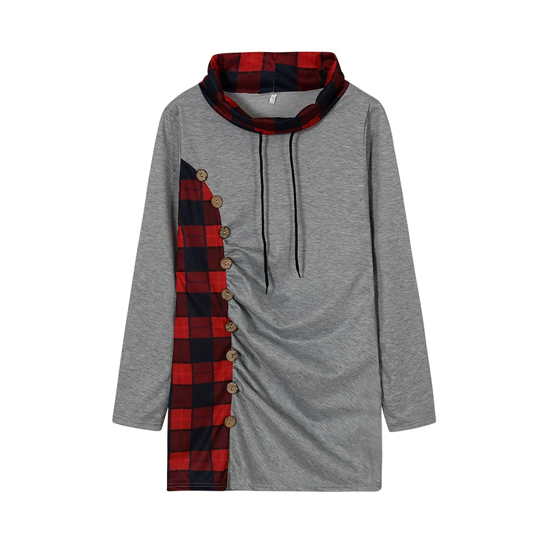 Fashion New Style Plaid Button Decoration Package Hip Hoodie