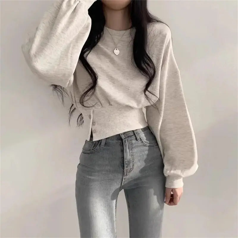 Autumn Long Sleeve Tops Women Korean Fashion Crop Sweatshirt Female Vintage Casual Buttons Up Sweatshirts Chic Hoodies Ladies