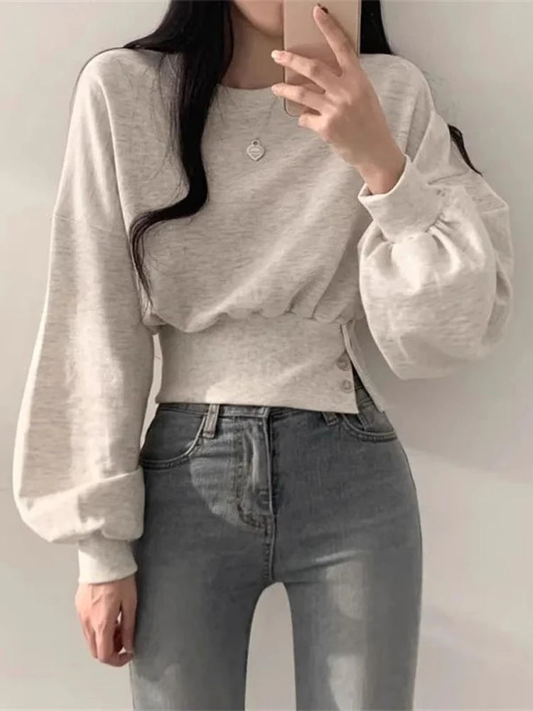 Autumn Long Sleeve Tops Women Korean Fashion Crop Sweatshirt Female Vintage Casual Buttons Up Sweatshirts Chic Hoodies Ladies