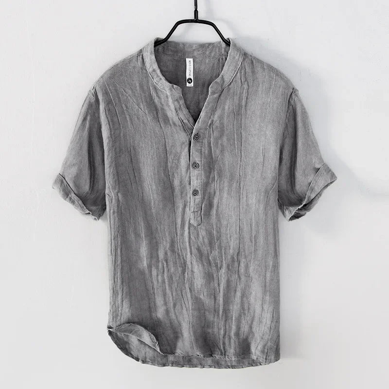 Japanese Style V-neck Polo Shirt Linen Short Sleeves T-shirt Linen Top Men's Vintage Pullover Cotton Half Sleeve Slims