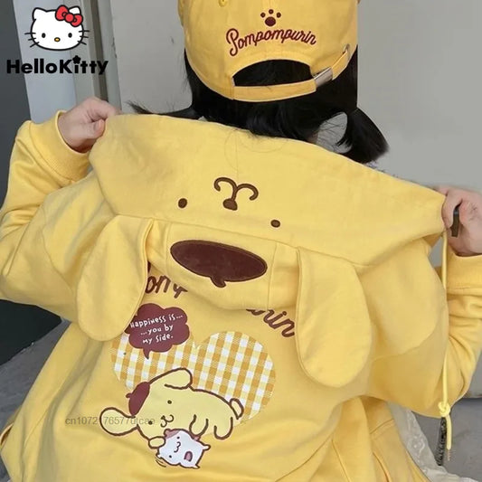 Sanrio Melody Cinnamoroll Pom Pom Purin Hooded Zipper Sweater Cute Sweet Embroidery Cartoon Hoodies Women's Loose Coat