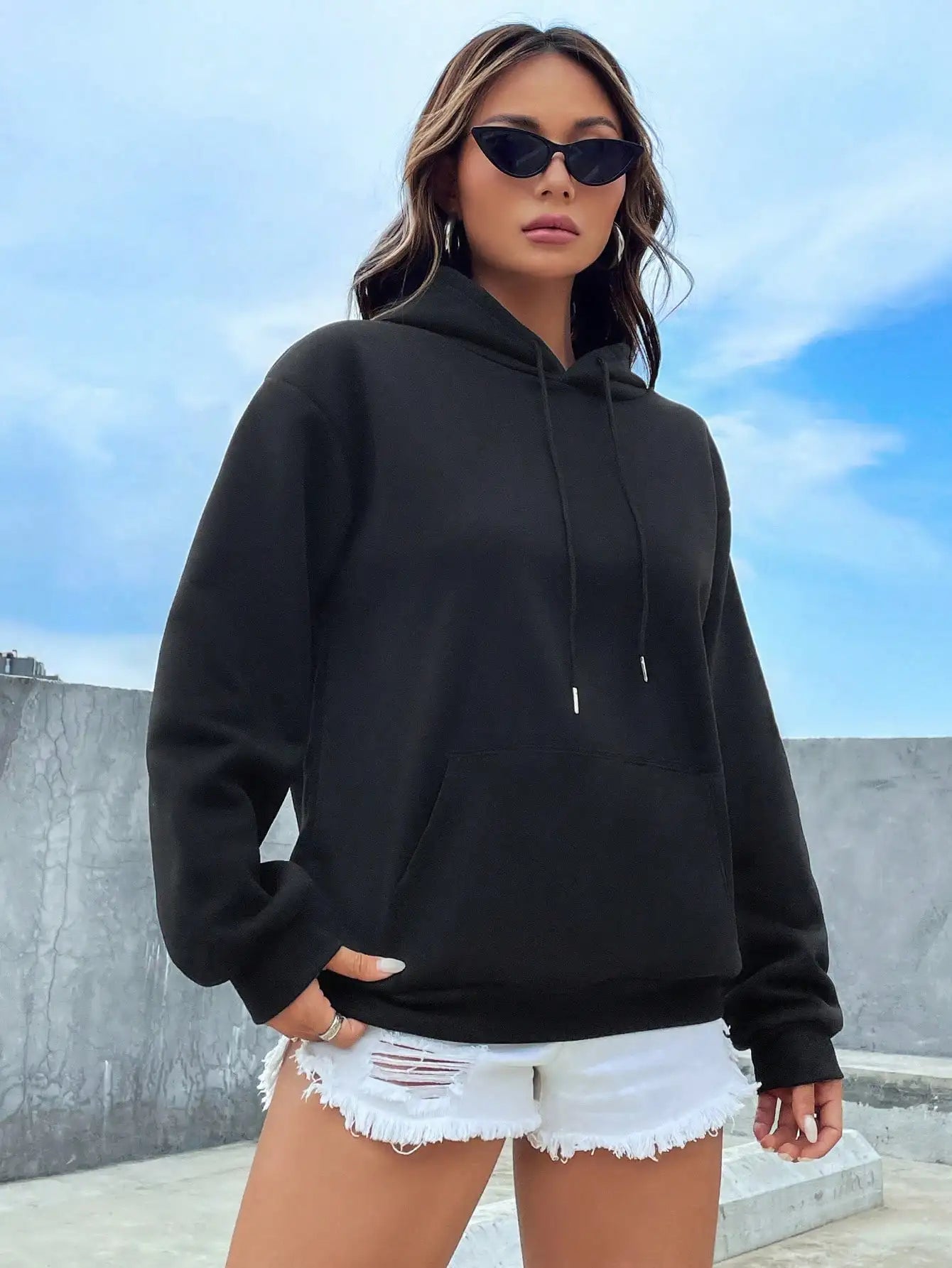 Solid Color Casual Hoodie For Female Pocket Creative Sweatshirts All-Match Street Clothes Womens Fleece Unisex Pullovers