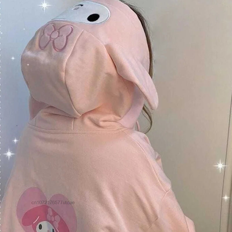 Sanrio Melody Cinnamoroll Pom Pom Purin Hooded Zipper Sweater Cute Sweet Embroidery Cartoon Hoodies Women's Loose Coat