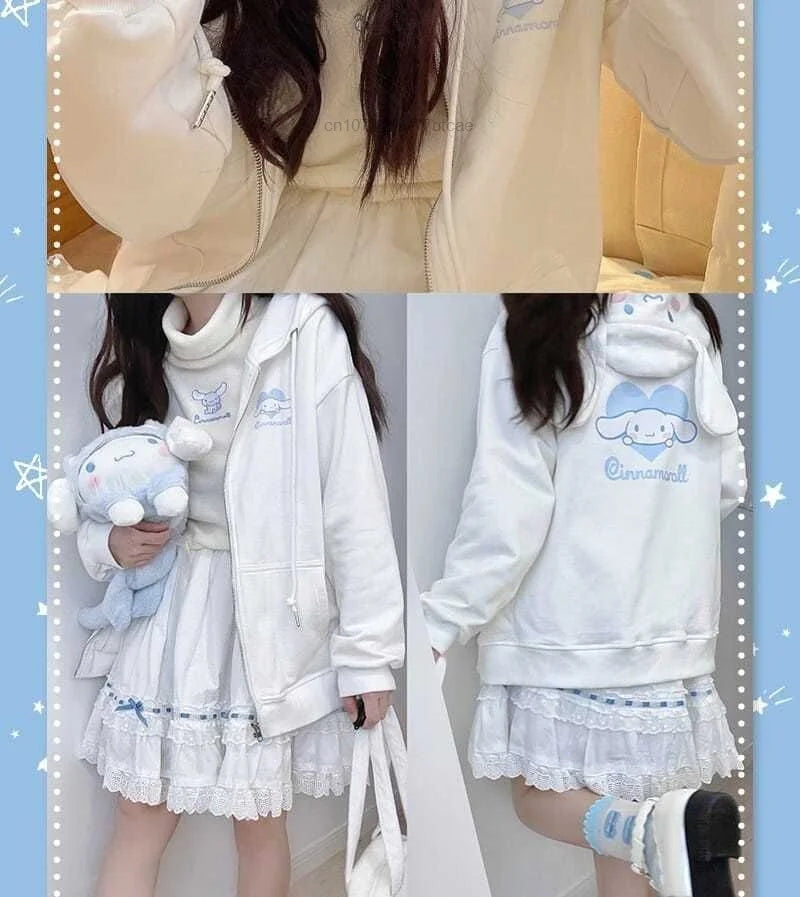 Sanrio Melody Cinnamoroll Pom Pom Purin Hooded Zipper Sweater Cute Sweet Embroidery Cartoon Hoodies Women's Loose Coat