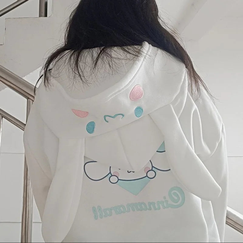 Sanrio Melody Cinnamoroll Pom Pom Purin Hooded Zipper Sweater Cute Sweet Embroidery Cartoon Hoodies Women's Loose Coat