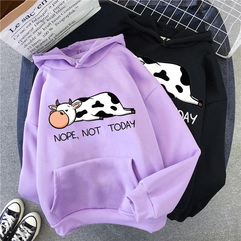 No, Non Oggi Kawaii Donne Felpe 2021 di Autunno della Molla delle Donne Pullover Con Cappuccio Divertente Mucche Stampa Felpe Hip Hop streetwear