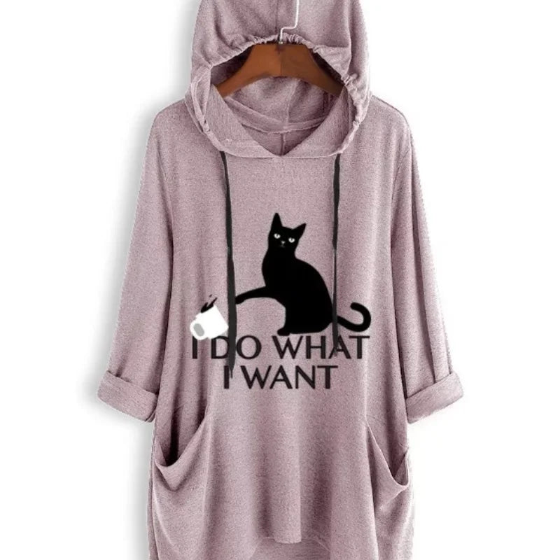 2024 New Loose Large Knitted Hoodie Long Sleeved Hooded Irregular Cat Print Women's Wear