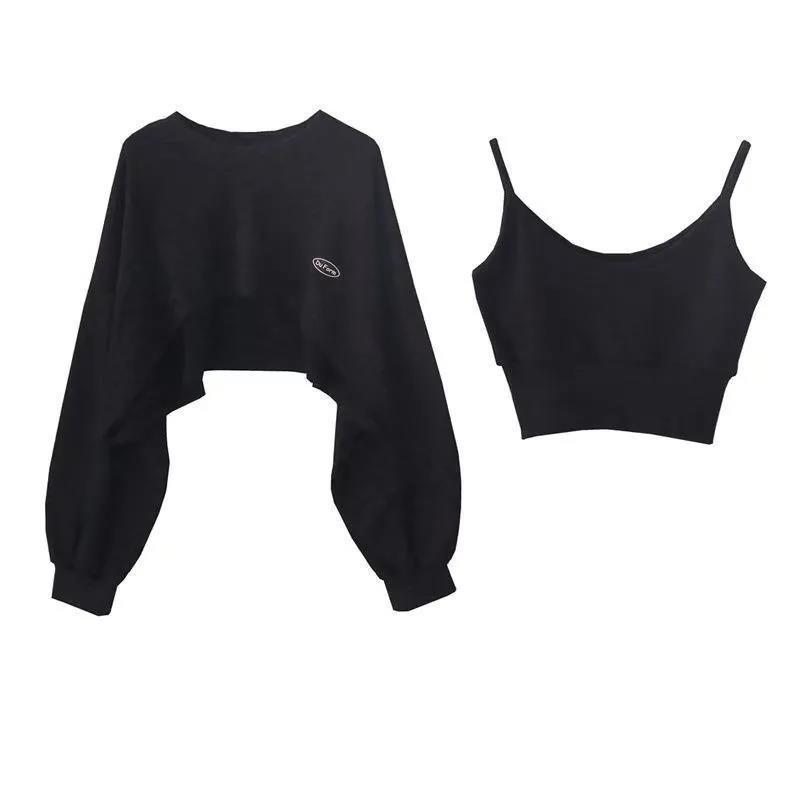 Women's Fashion Asymmetrical Cropped Camis Sweatshirt 2 Piece Casual  Solid Long Sleeve Female Pullovers Chic Tops