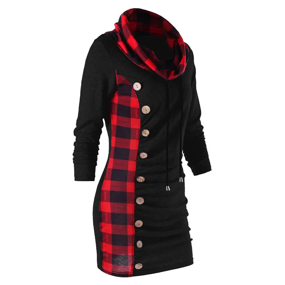 Fashion New Style Plaid Button Decoration Package Hip Hoodie