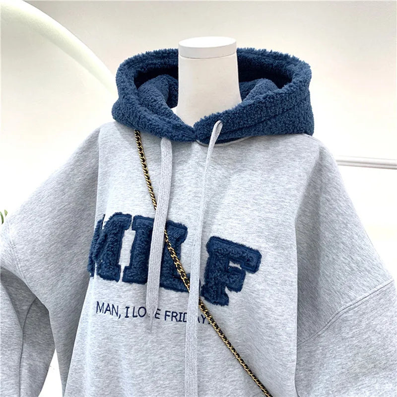 Fashion Patchwork Oversize Sweatshirt Women Winter Casual Loose Cotton Thick Letter Long Sleeve Hoodies Female Streetwear