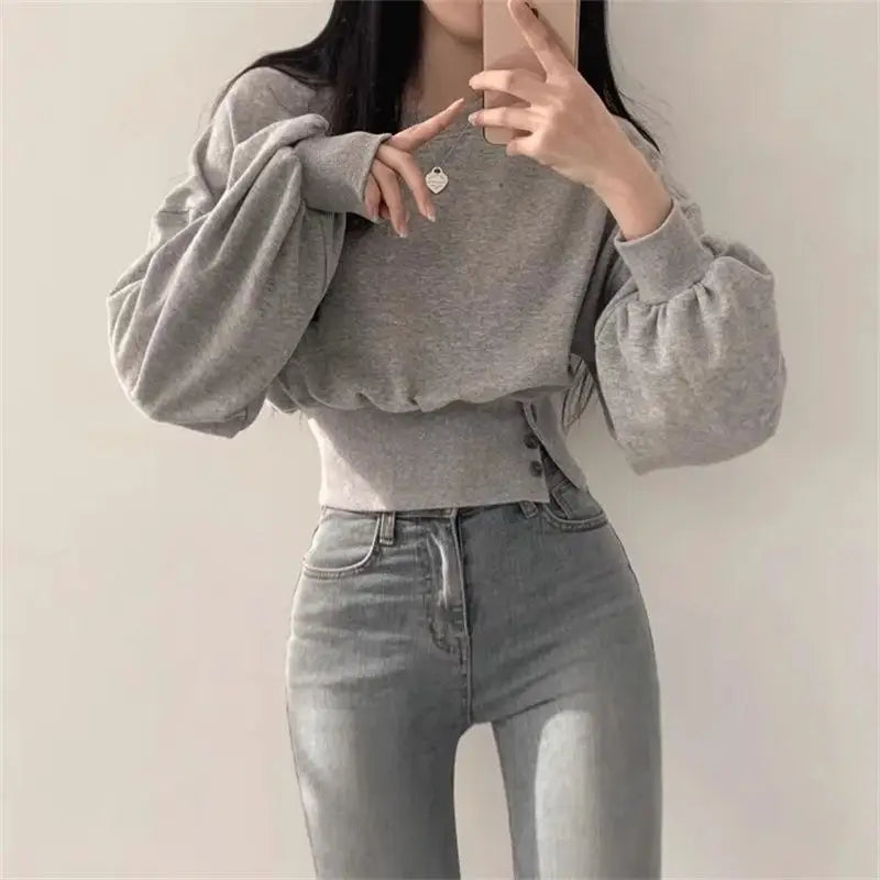 Autumn Long Sleeve Tops Women Korean Fashion Crop Sweatshirt Female Vintage Casual Buttons Up Sweatshirts Chic Hoodies Ladies