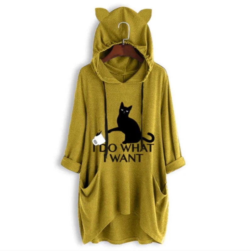 2024 New Loose Large Knitted Hoodie Long Sleeved Hooded Irregular Cat Print Women's Wear