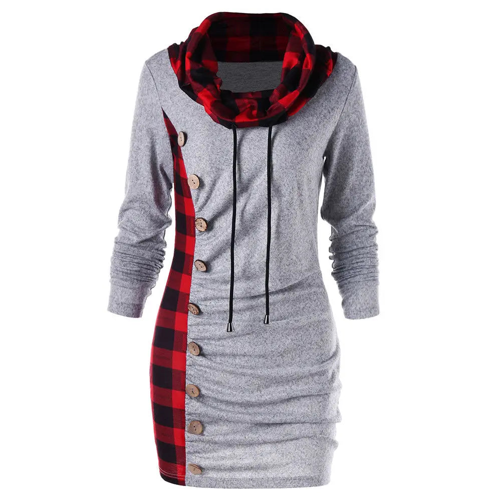 Fashion New Style Plaid Button Decoration Package Hip Hoodie