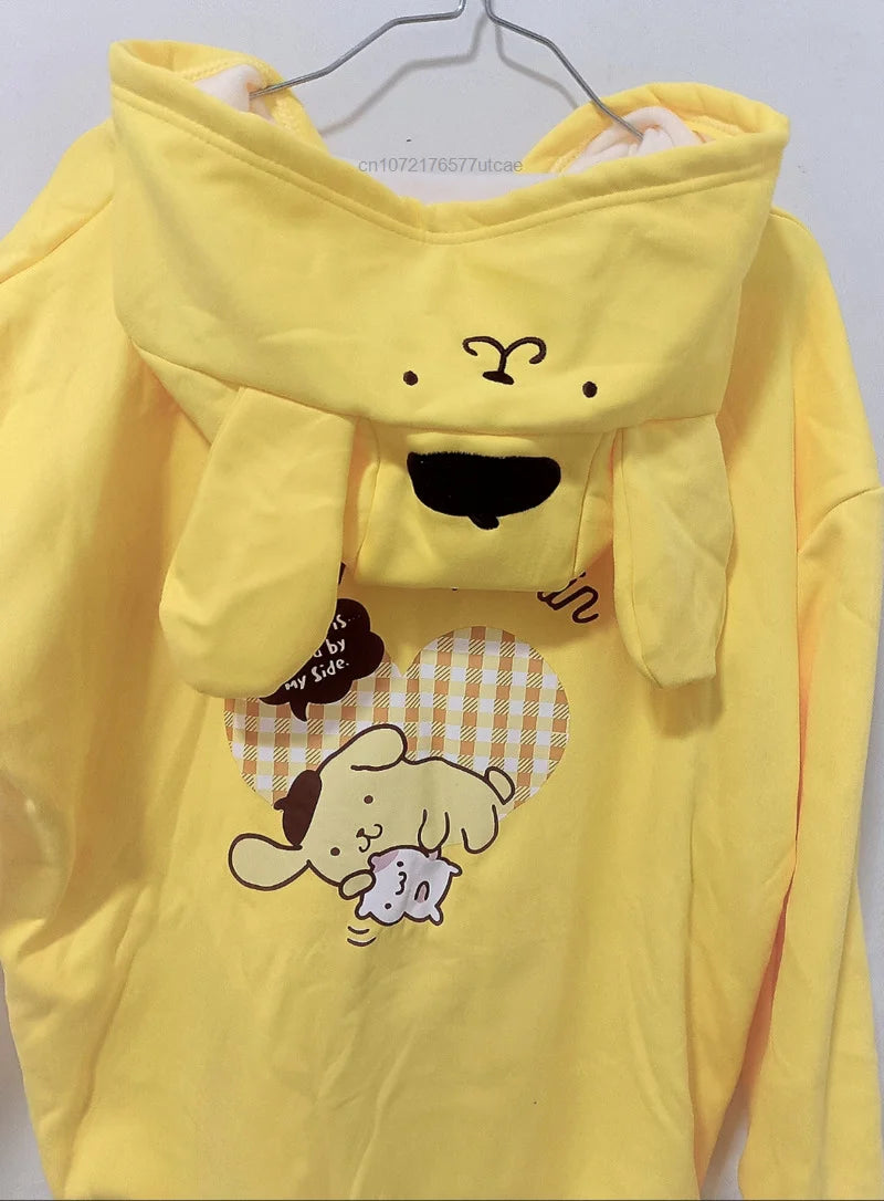 Sanrio Melody Cinnamoroll Pom Pom Purin Hooded Zipper Sweater Cute Sweet Embroidery Cartoon Hoodies Women's Loose Coat