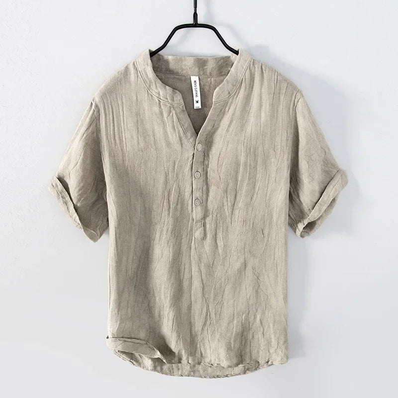 Japanese Style V-neck Polo Shirt Linen Short Sleeves T-shirt Linen Top Men's Vintage Pullover Cotton Half Sleeve Slims