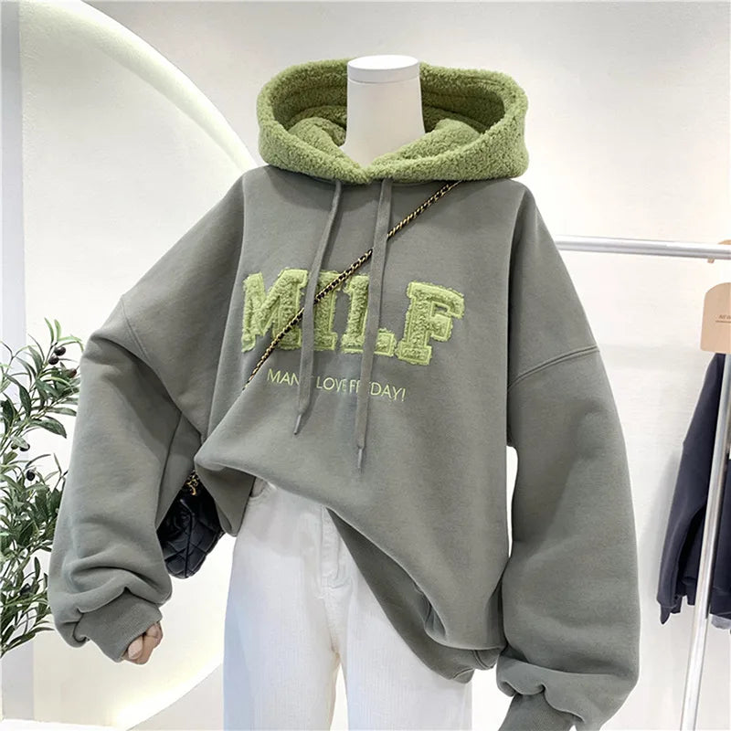 Fashion Patchwork Oversize Sweatshirt Women Winter Casual Loose Cotton Thick Letter Long Sleeve Hoodies Female Streetwear