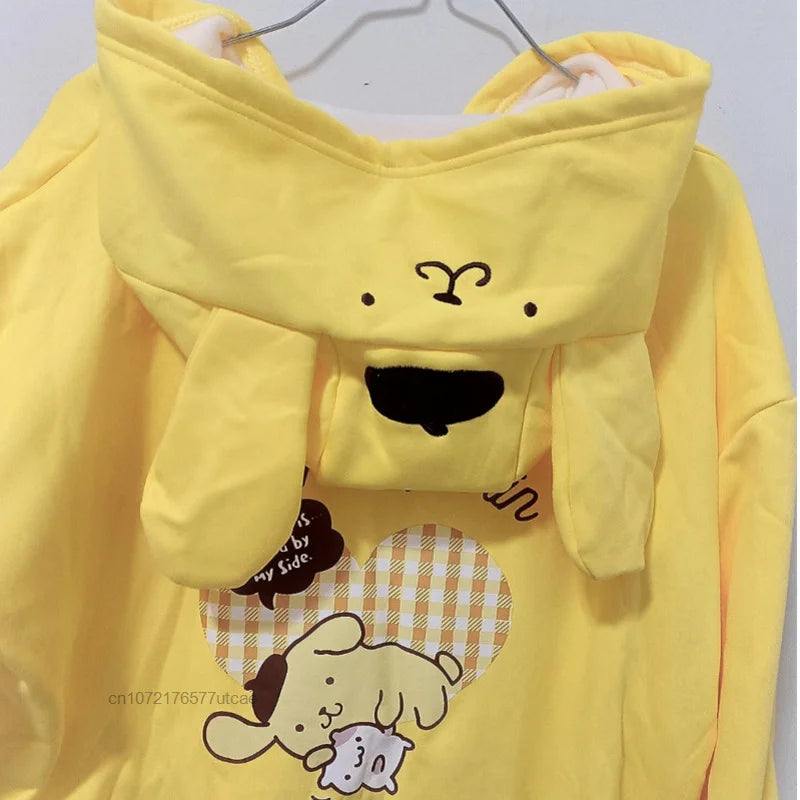 Sanrio Melody Cinnamoroll Pom Pom Purin Hooded Zipper Sweater Cute Sweet Embroidery Cartoon Hoodies Women's Loose Coat