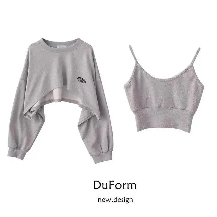 Women's Fashion Asymmetrical Cropped Camis Sweatshirt 2 Piece Casual  Solid Long Sleeve Female Pullovers Chic Tops