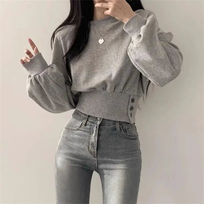 Autumn Long Sleeve Tops Women Korean Fashion Crop Sweatshirt Female Vintage Casual Buttons Up Sweatshirts Chic Hoodies Ladies