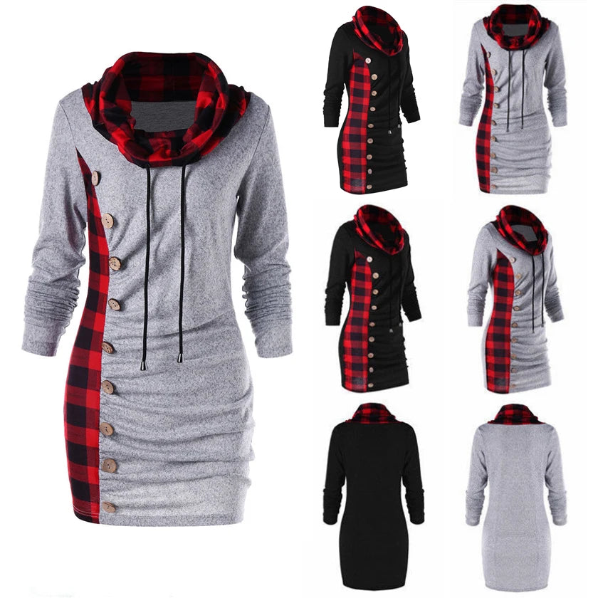 Fashion New Style Plaid Button Decoration Package Hip Hoodie