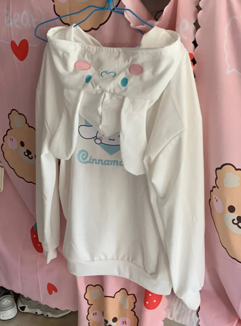 Sanrio Melody Cinnamoroll Pom Pom Purin Hooded Zipper Sweater Cute Sweet Embroidery Cartoon Hoodies Women's Loose Coat