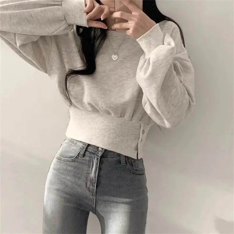 Autumn Long Sleeve Tops Women Korean Fashion Crop Sweatshirt Female Vintage Casual Buttons Up Sweatshirts Chic Hoodies Ladies