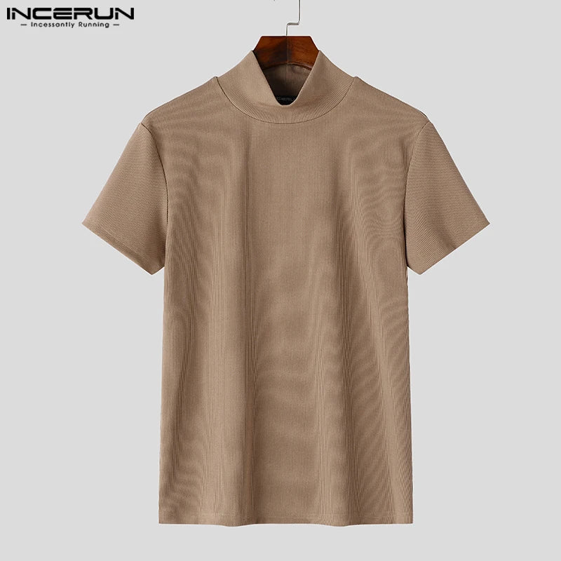 Camiseta para hombre INCERUN, color liso, cuello alto, manga corta, ropa informal para hombre, verano 2024, ropa de calle fitness, camisetas de moda