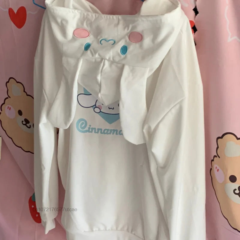 Sanrio Melody Cinnamoroll Pom Pom Purin Hooded Zipper Sweater Cute Sweet Embroidery Cartoon Hoodies Women's Loose Coat