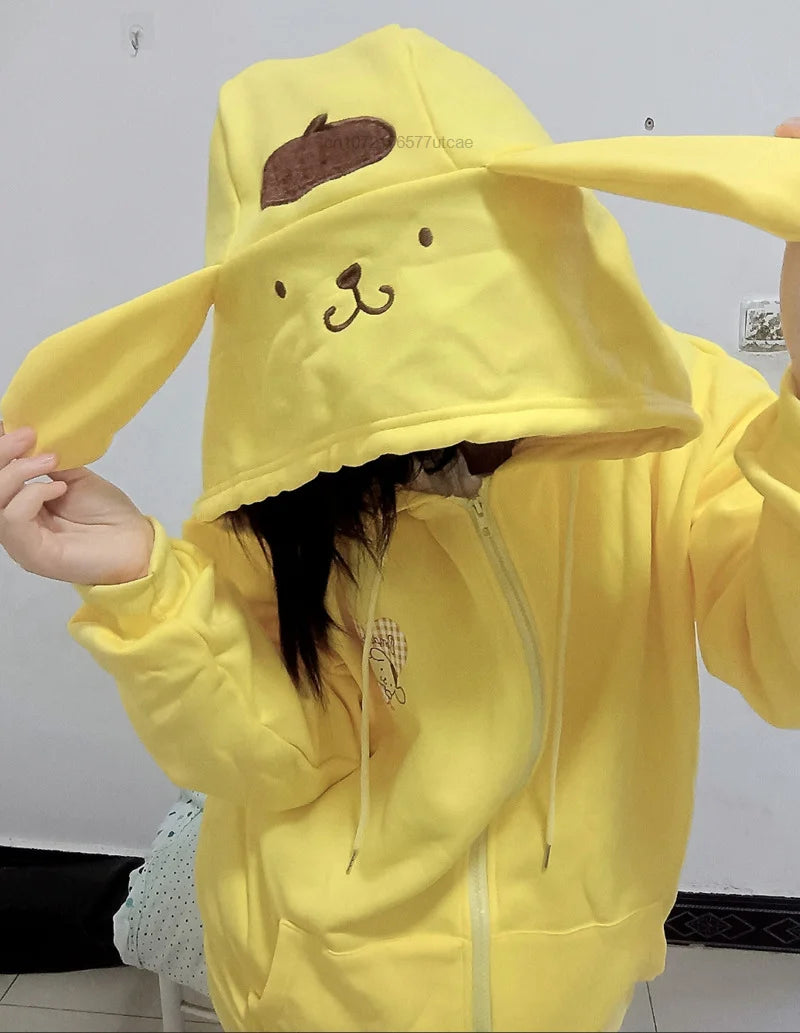 Sanrio Melody Cinnamoroll Pom Pom Purin Hooded Zipper Sweater Cute Sweet Embroidery Cartoon Hoodies Women's Loose Coat