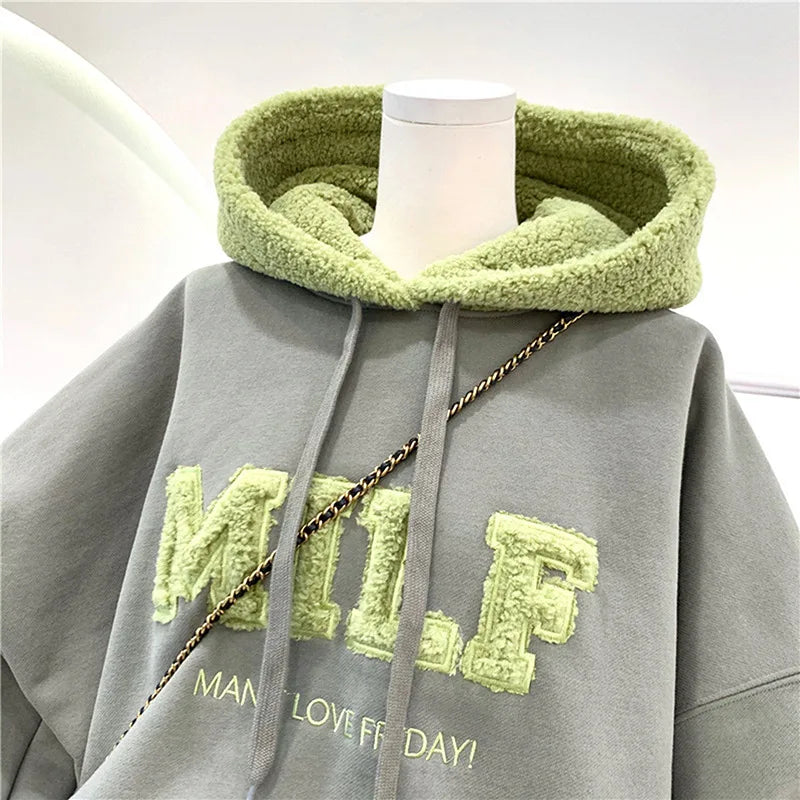 Fashion Patchwork Oversize Sweatshirt Women Winter Casual Loose Cotton Thick Letter Long Sleeve Hoodies Female Streetwear