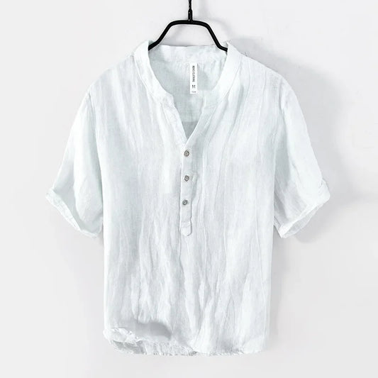 Japanese Style V-neck Polo Shirt Linen Short Sleeves T-shirt Linen Top Men's Vintage Pullover Cotton Half Sleeve Slims